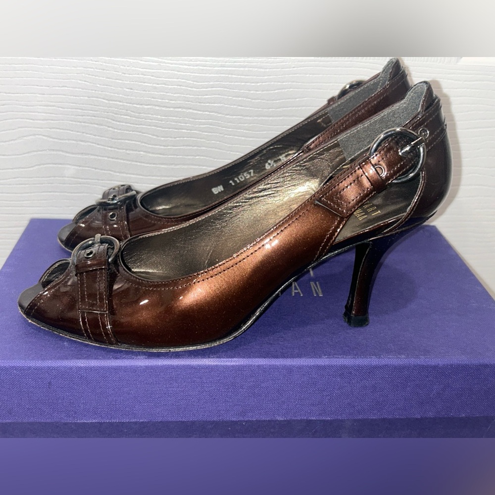 Stuart Weitzman Metallic Brown Peep-Toe Pumps with Buckle